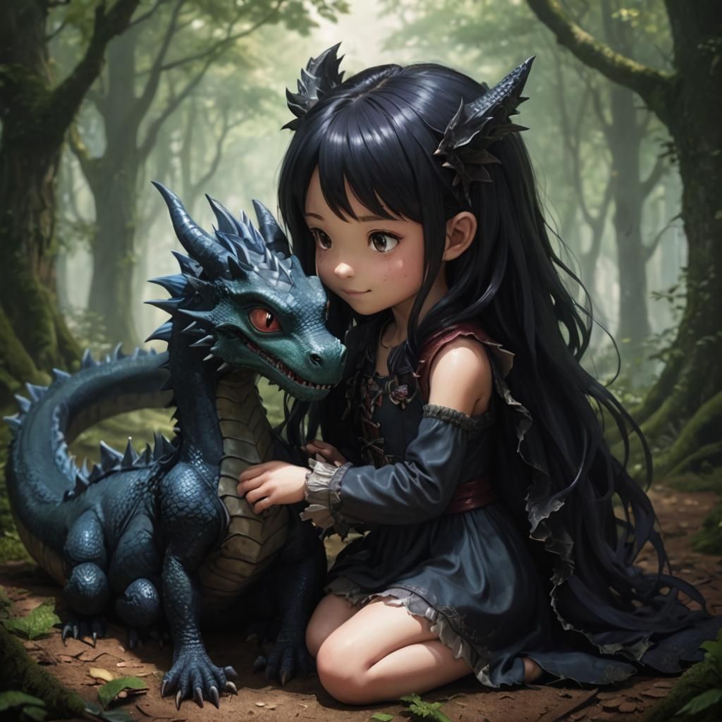 Girl and Dragon in Enchanted Forest