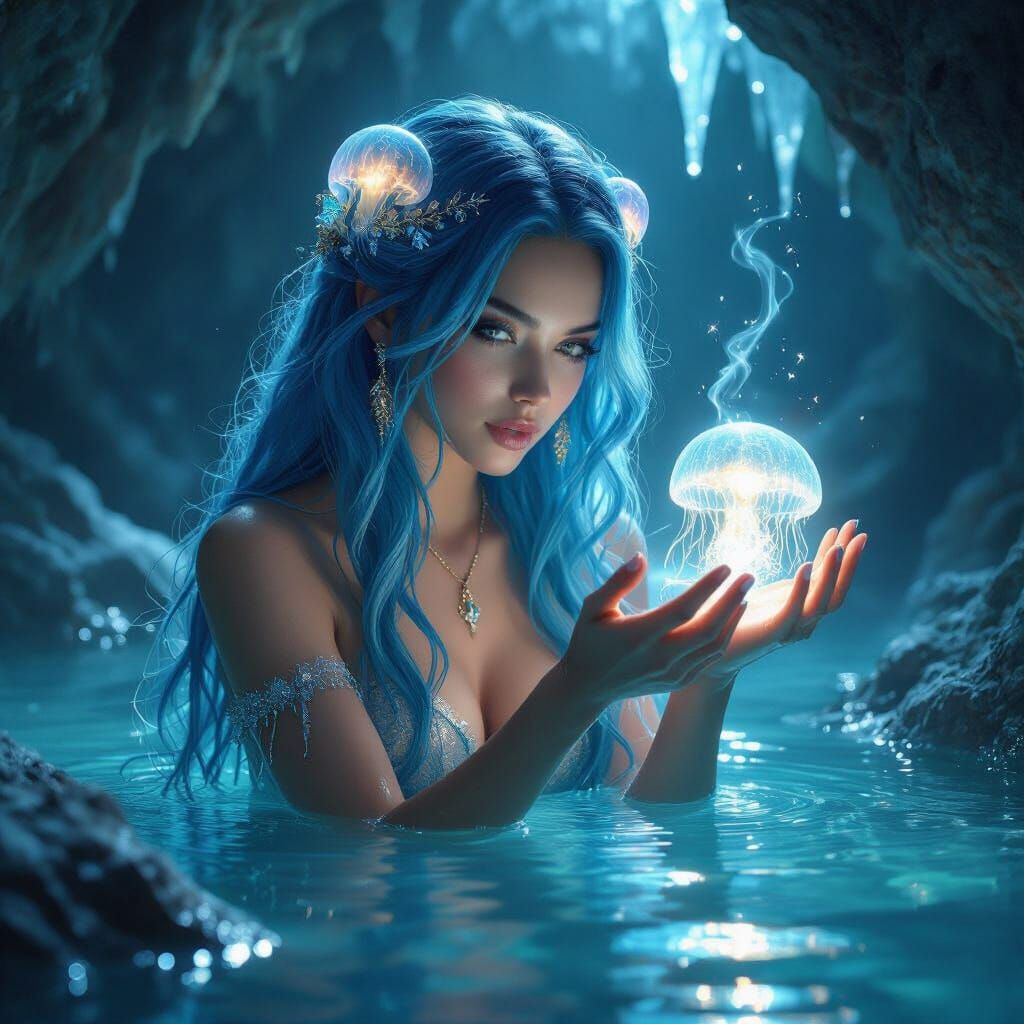 Bioluminescent Sorceress Conjuring Spell Underwater