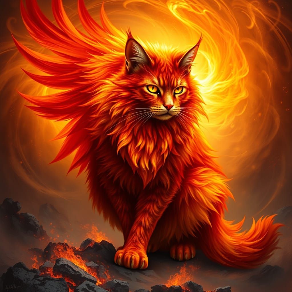 Phoenix Cat With Fiery Plumage