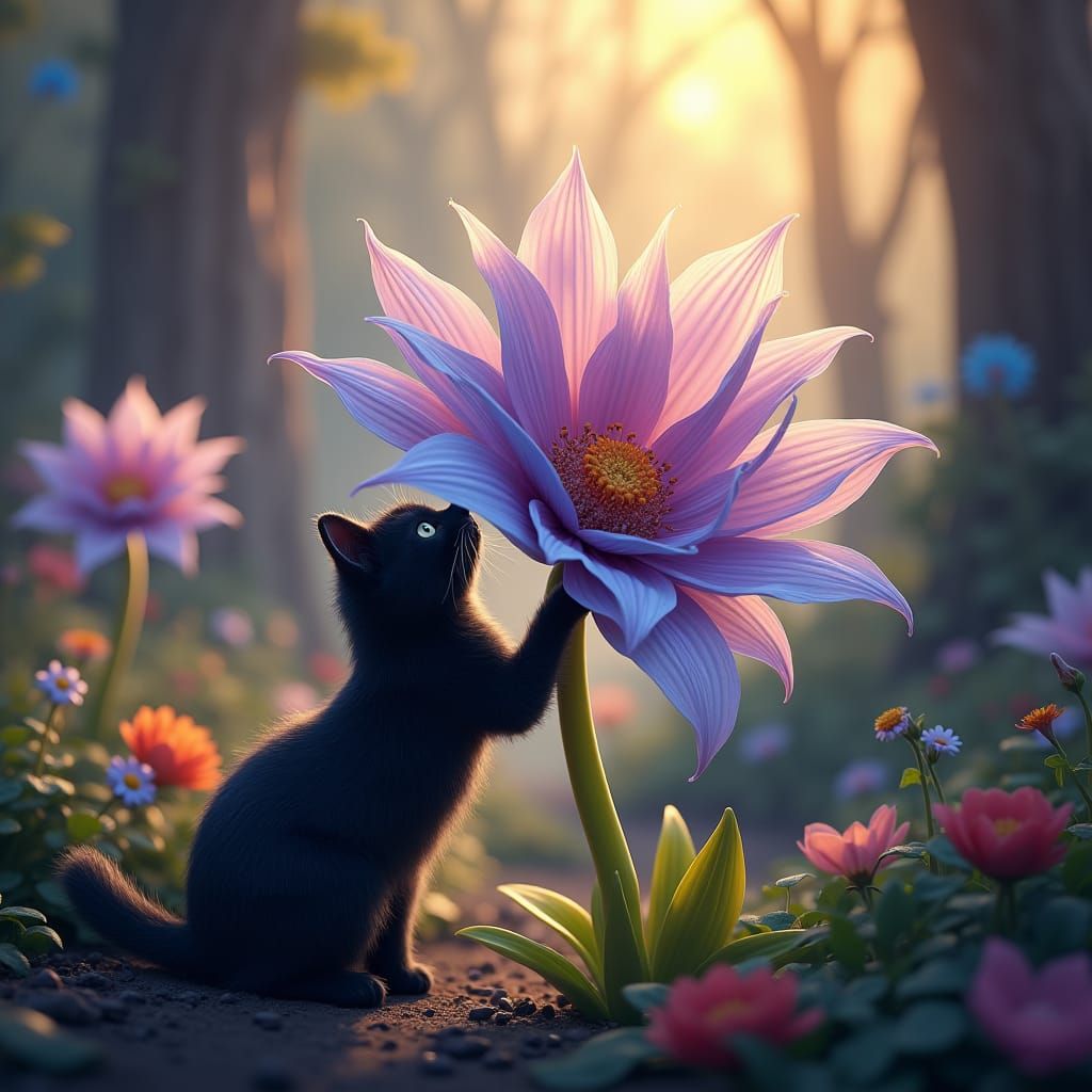 Cat Sniffs Iridescent Flower in Whimsical Garden