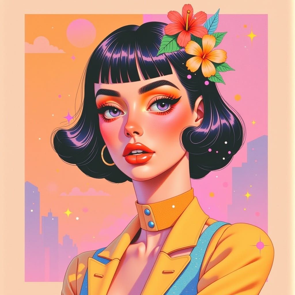 Retro Comic Portrait in Pastel Peach Hues