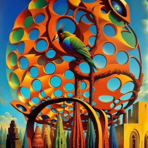 Psychedelic Birds and Fire in Dadaist Style