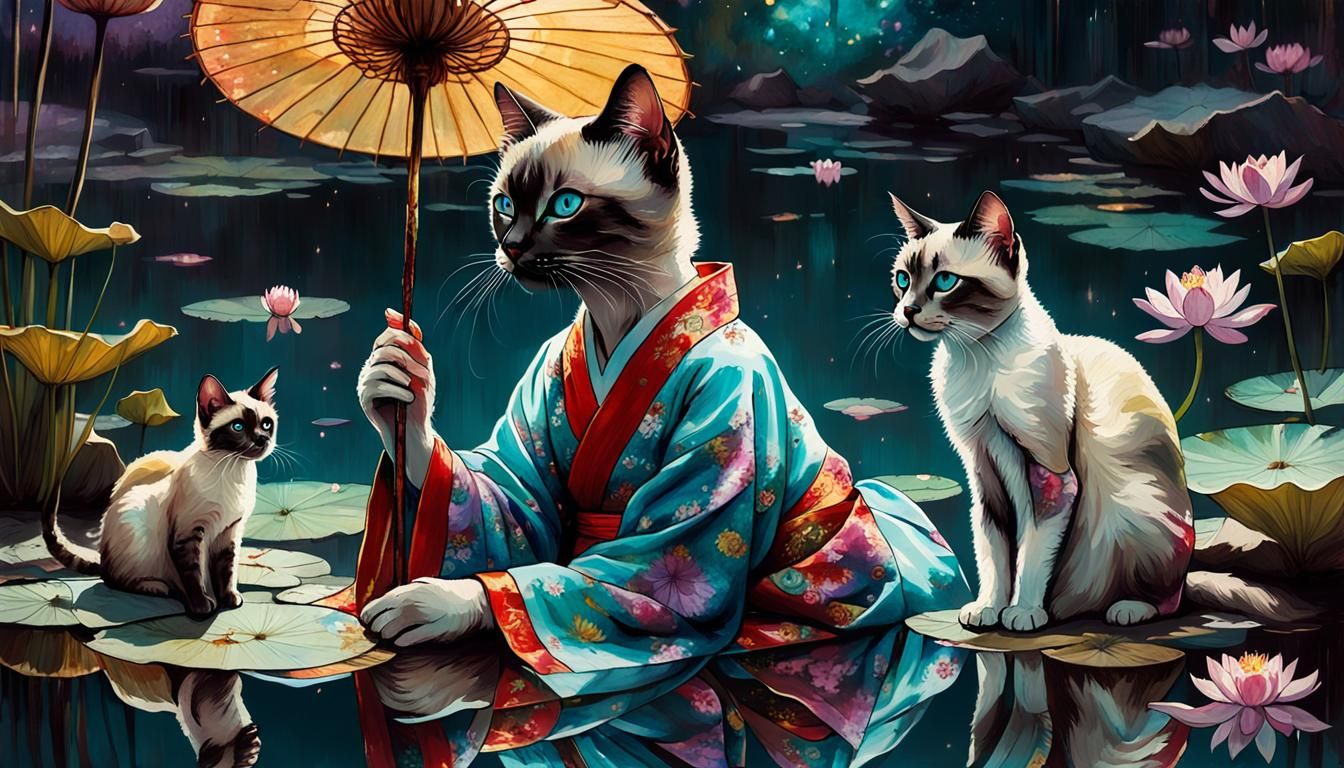 Siamese Cat Geisha in Mirrored Lotus Pond
