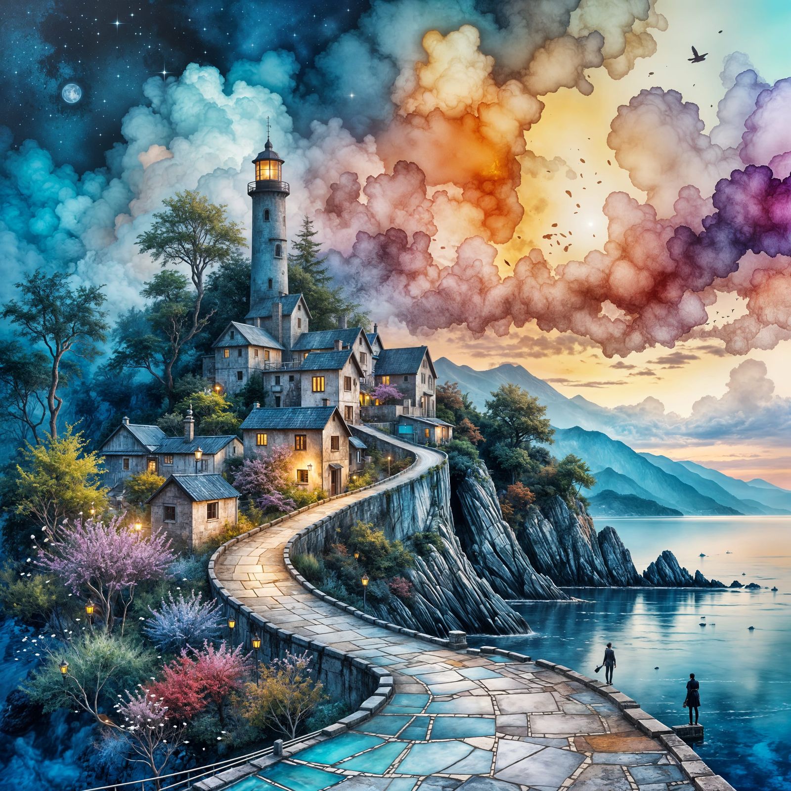 Bioluminescent Lighthouse at Twilight: Alcohol Ink and Water...