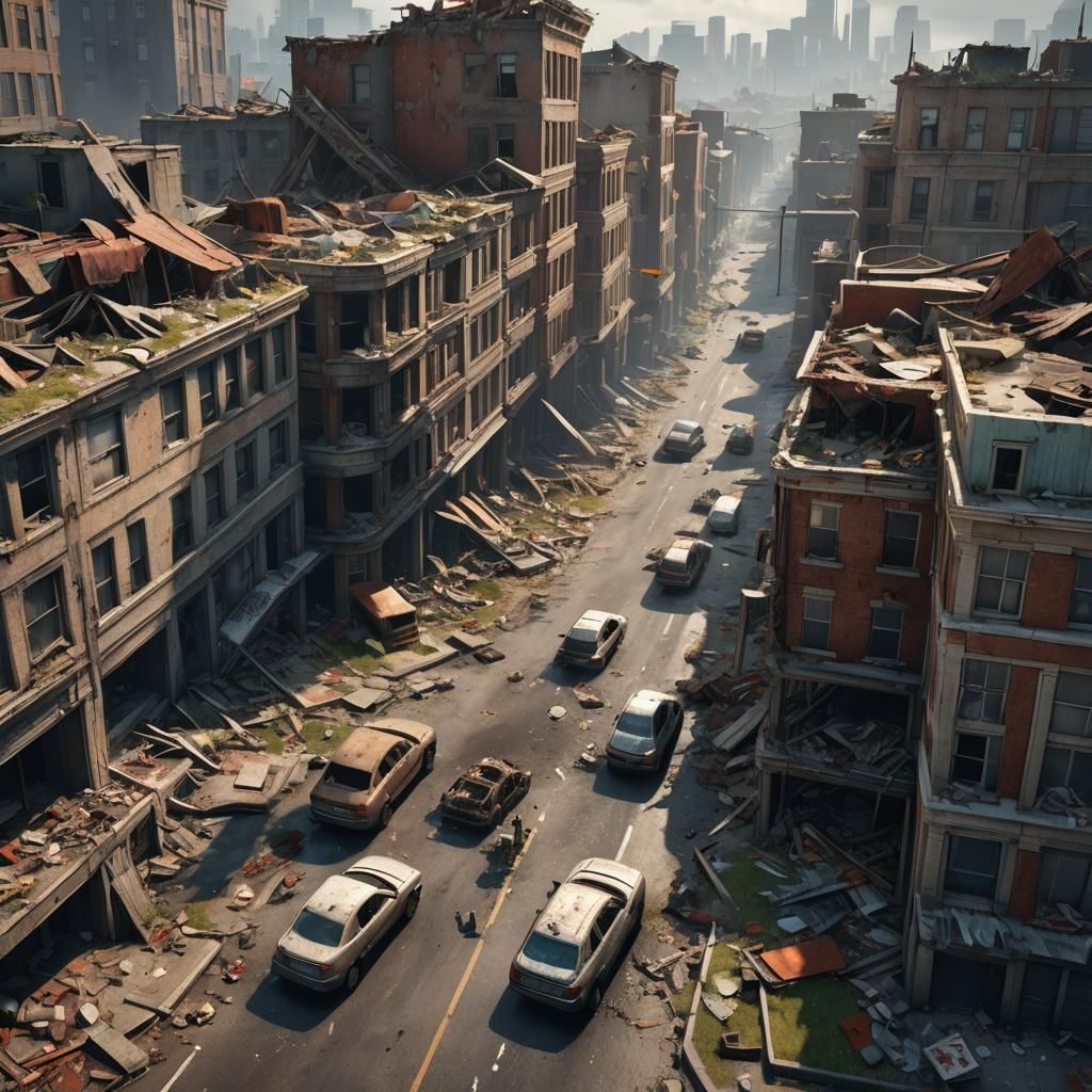 Apocalyptic Cityscape: Overgrown Ruins and Despair