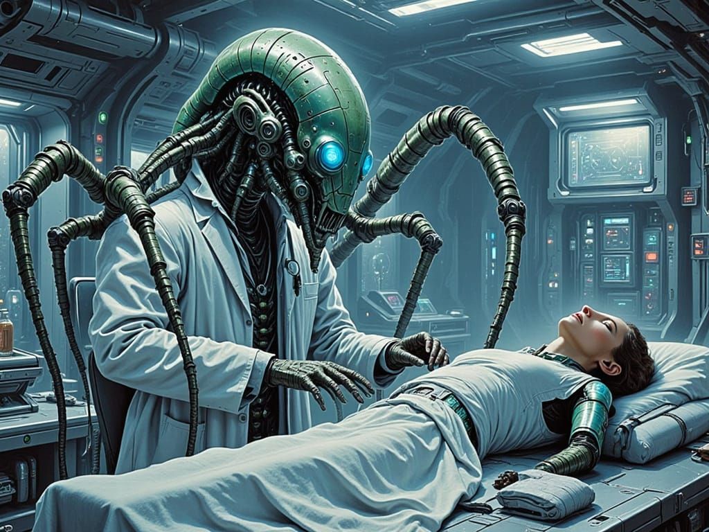 Insectoid Doctor Performs Surgery with Cybernetic Tapeworms