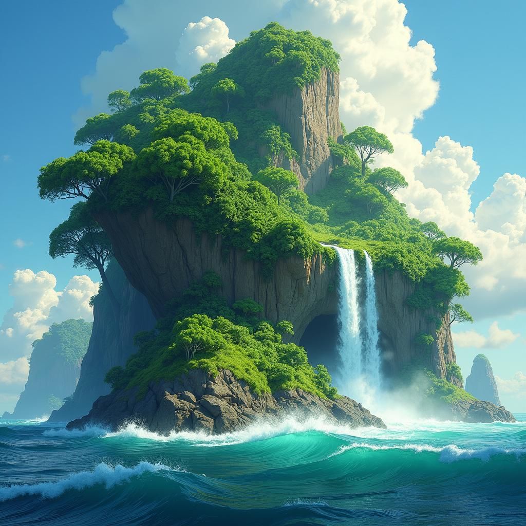 Lush Island with Waterfall in Dreamy Landscape Art