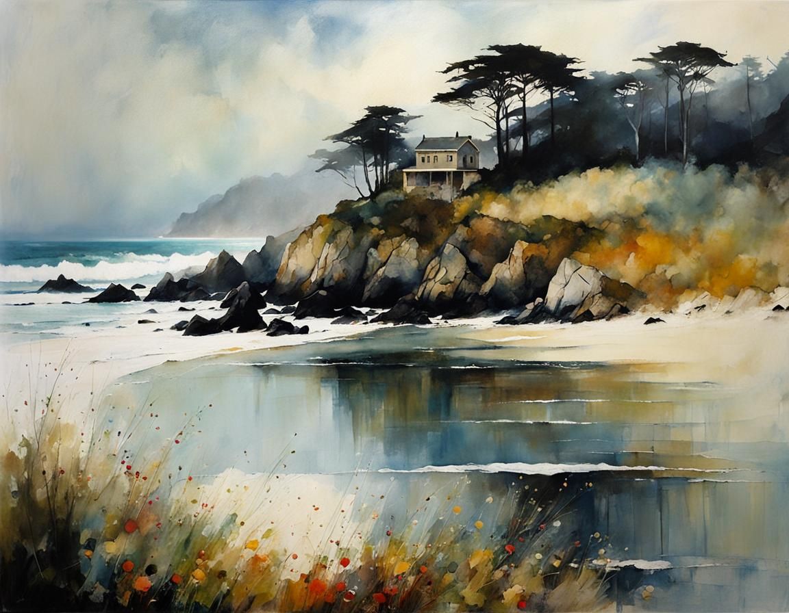 Misty Beach Morning in Encaustic Painting Style