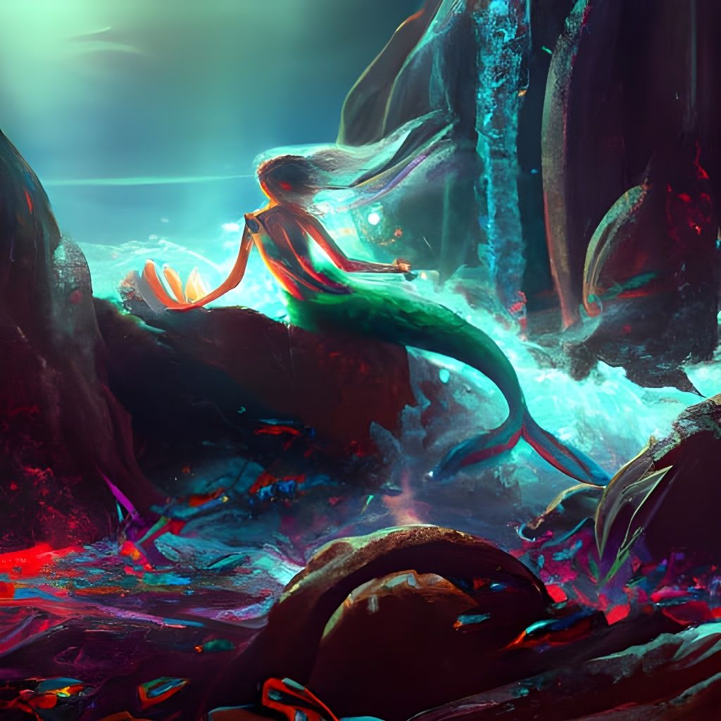 Mermaid Bathing in a Dark Fantasy Nightscape