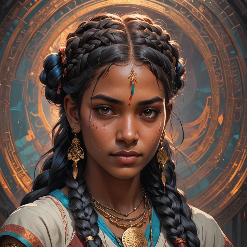 Hyperdetailed Portrait of Young Indian Girl with Braids
