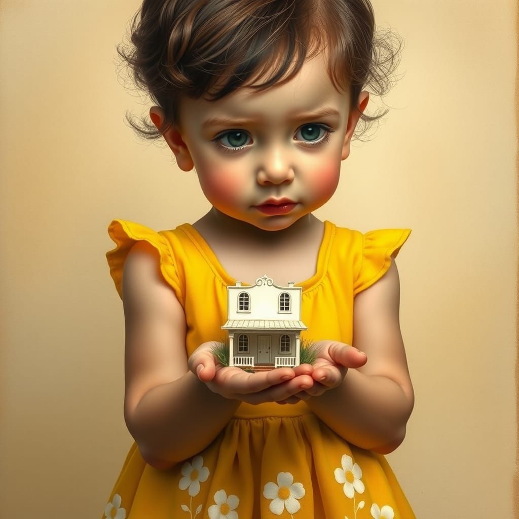 Child Holds Tiny House: Whimsical Pop Surrealism