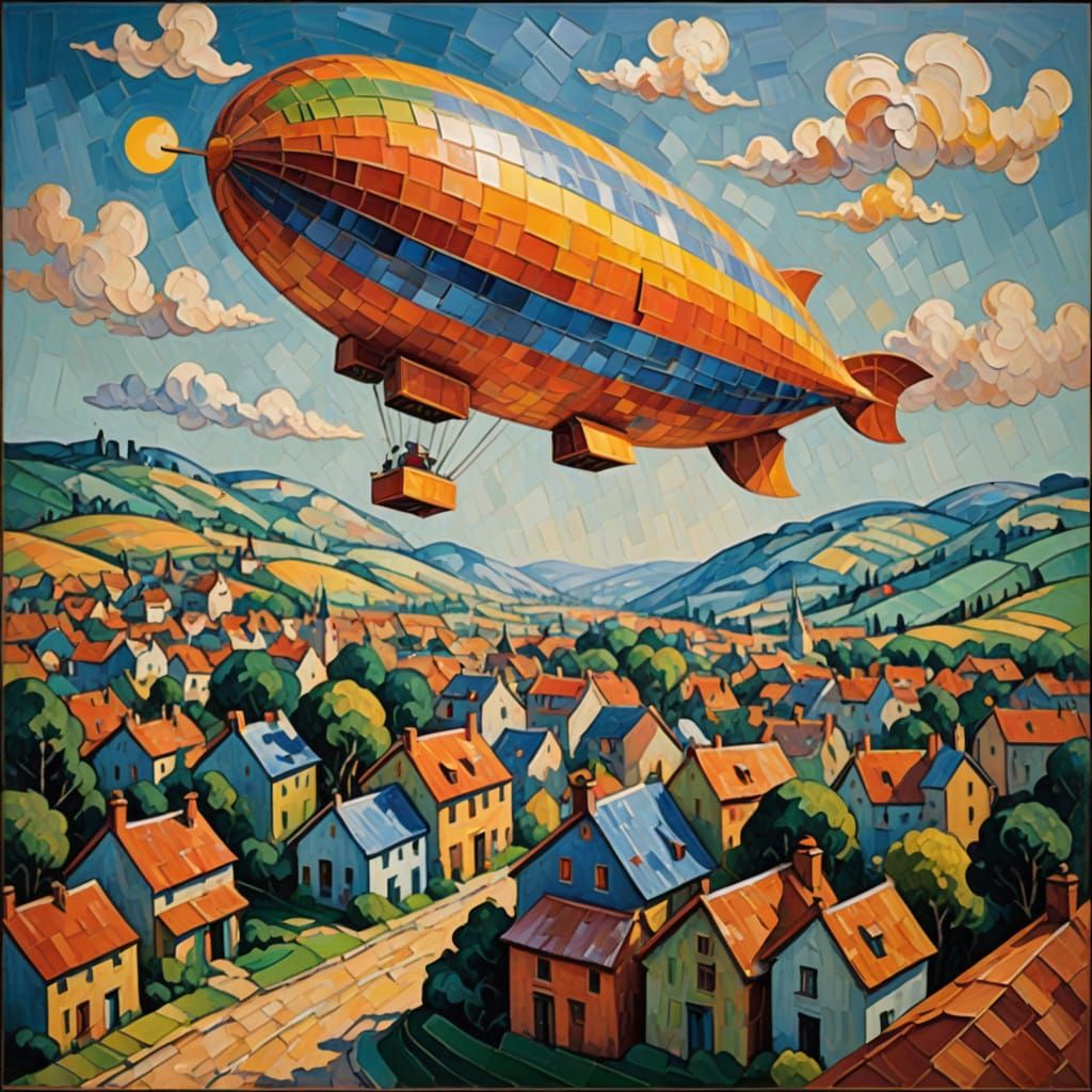 Vibrant Blimp Drifts Above Quaint Post-Impressionist Town