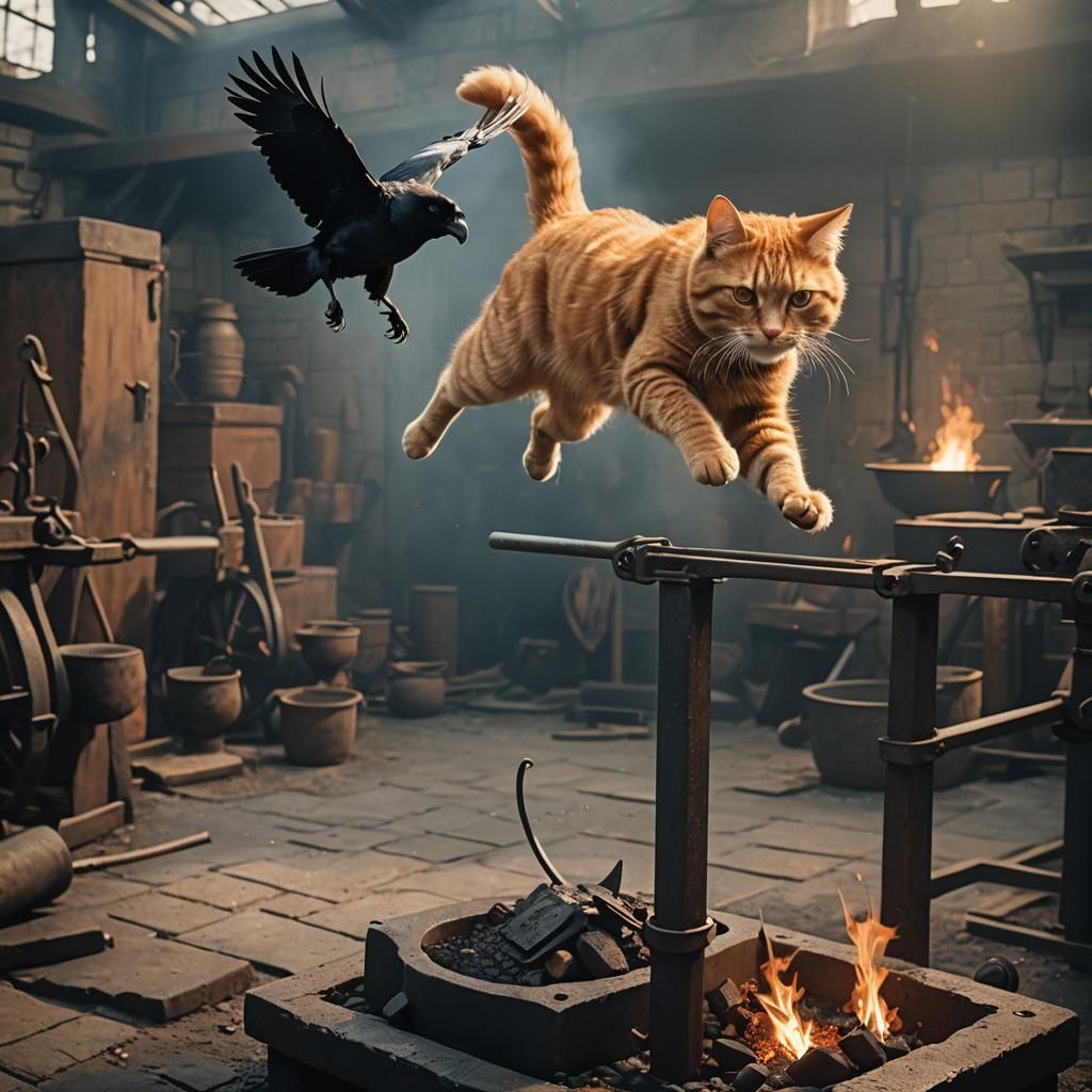 Ginger Cat Leaps at Crow in Forge