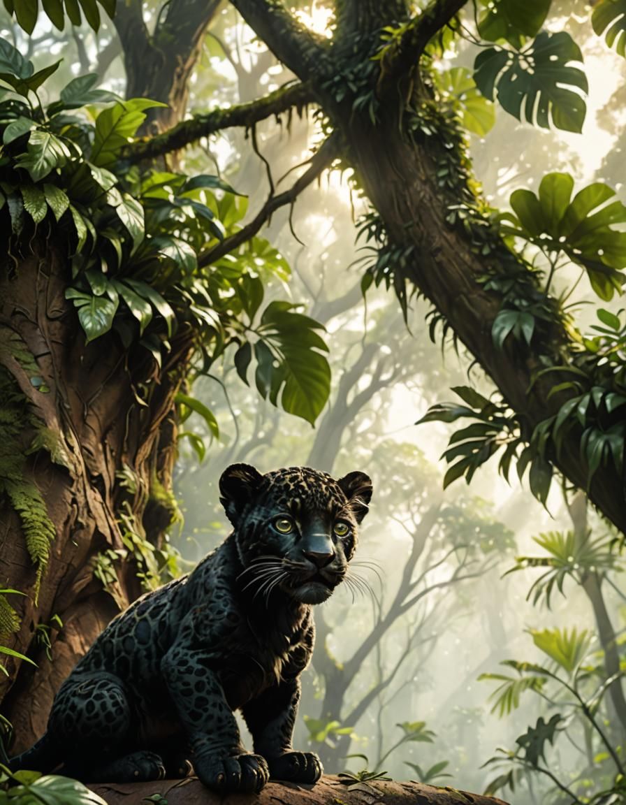 Black Jaguar Cub Roaring in Lush Forest