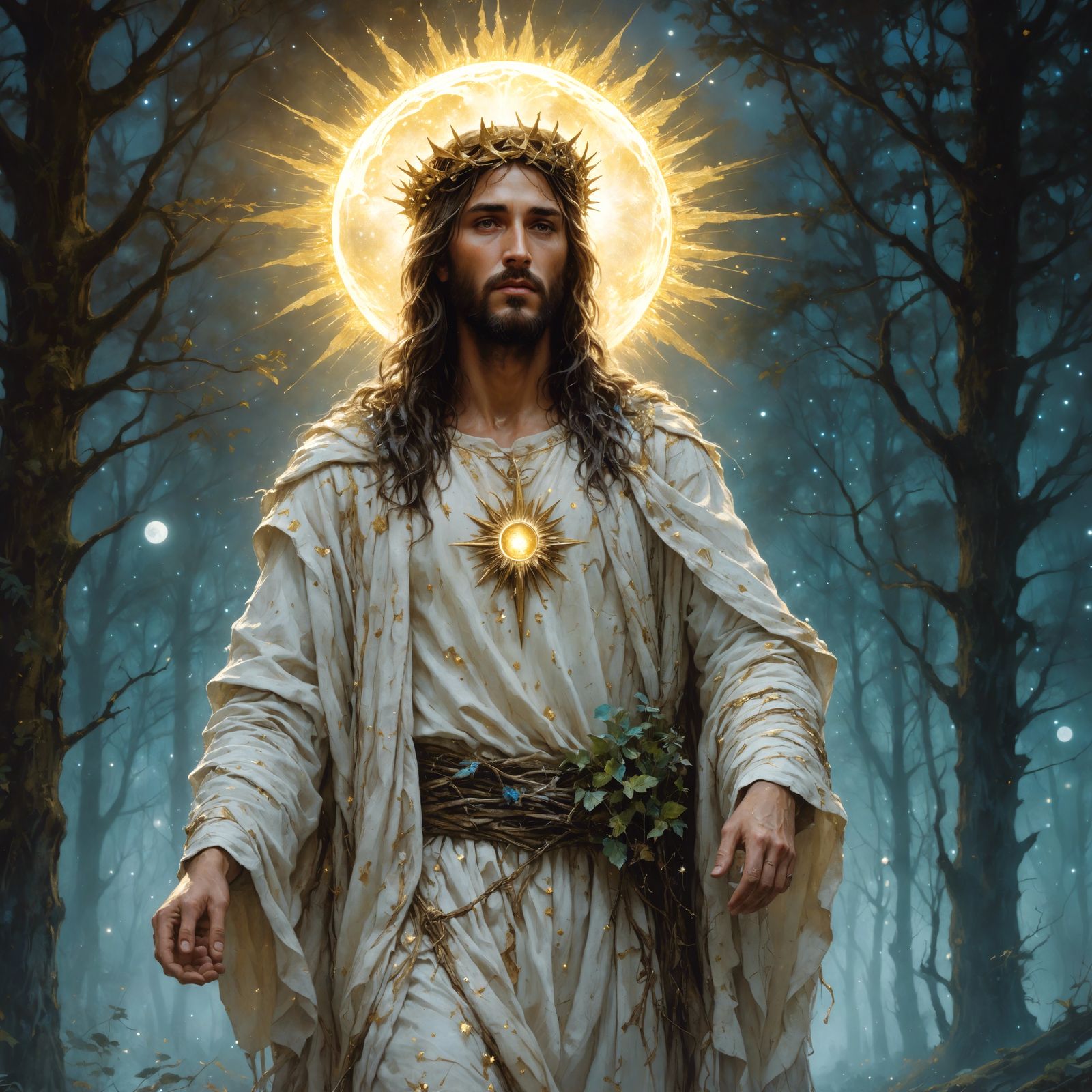 Jesus in Bioluminescent Forest, Fantasy Art