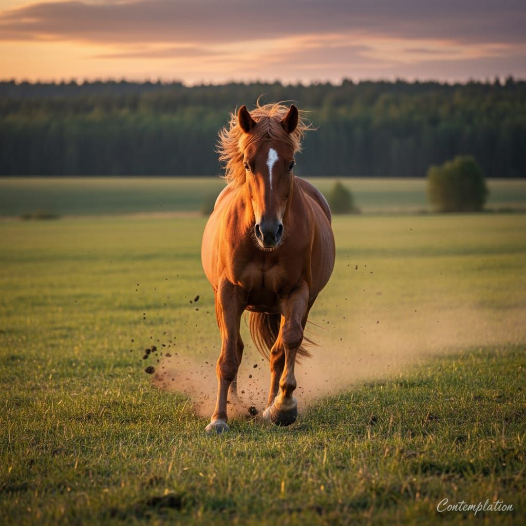 Horse Racing into Foreground in Open Field