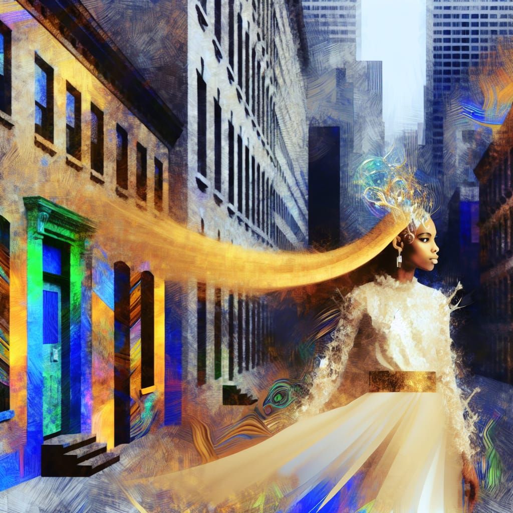 Woman in White Dress on New York Street: Matte Painting