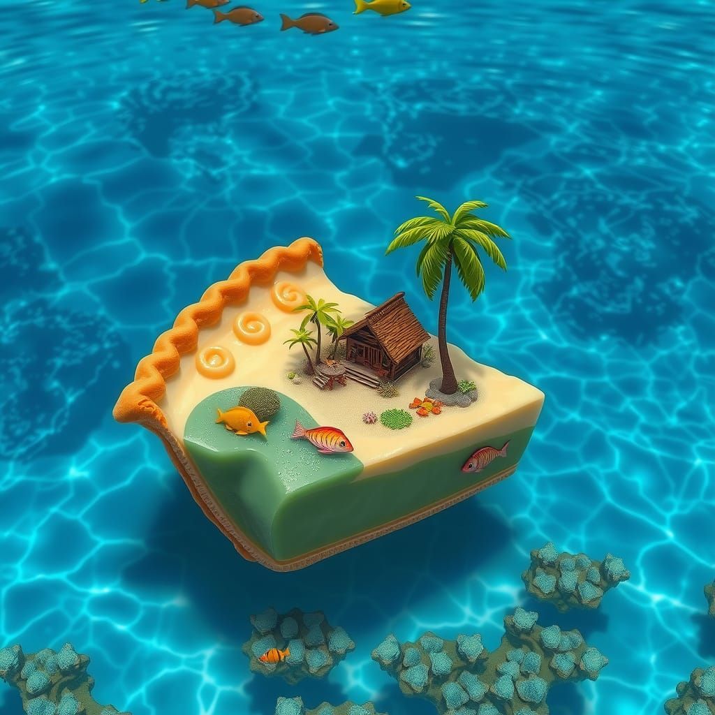 Tropical Island Pie Slice in Dreamlike Scene
