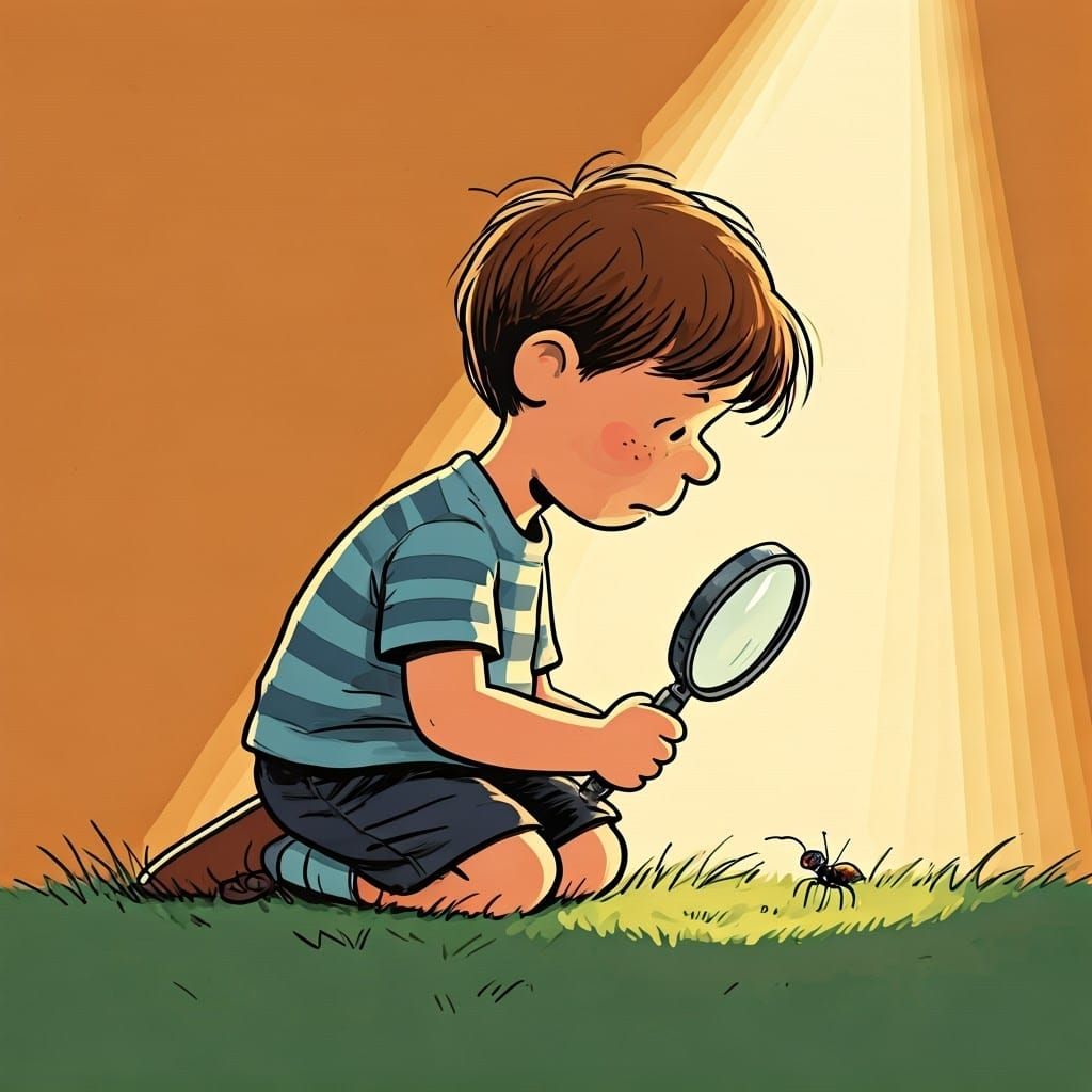 Boy Examines Tiny Ant in Warm Sunny Light