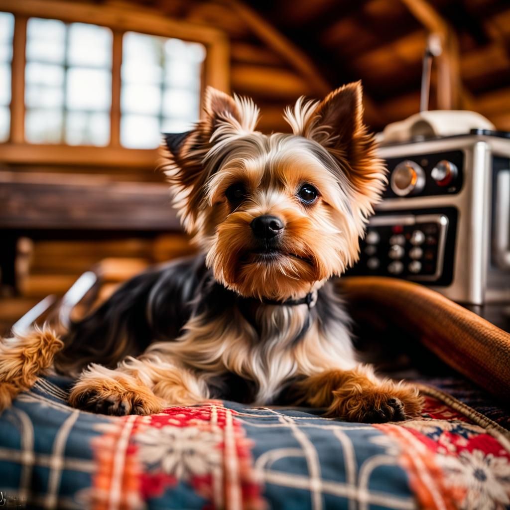 Yorkie Puppy on Quilt near Vintage Sewing Machine