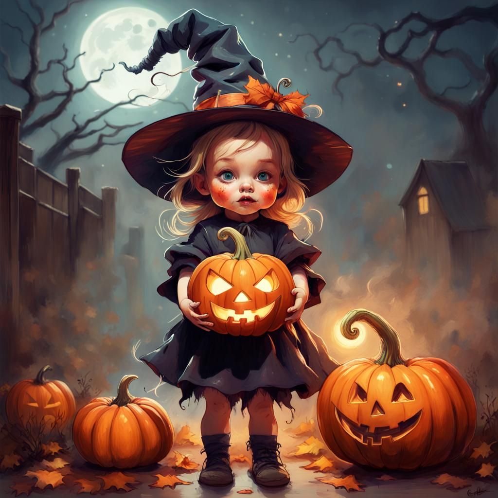 Halloween Witch Toddler with Pumpkin in Pin-Up Style