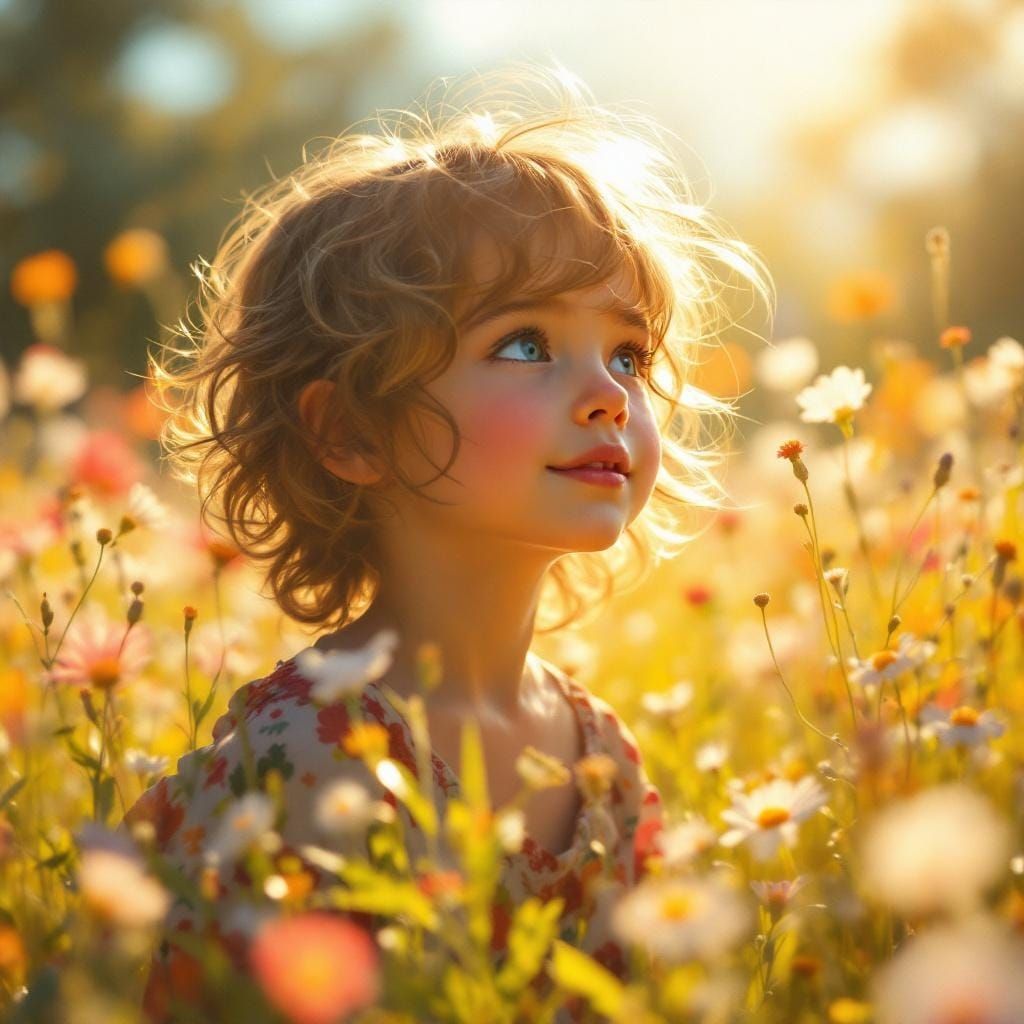 Child in Sunlit Meadow in Impressionistic Style