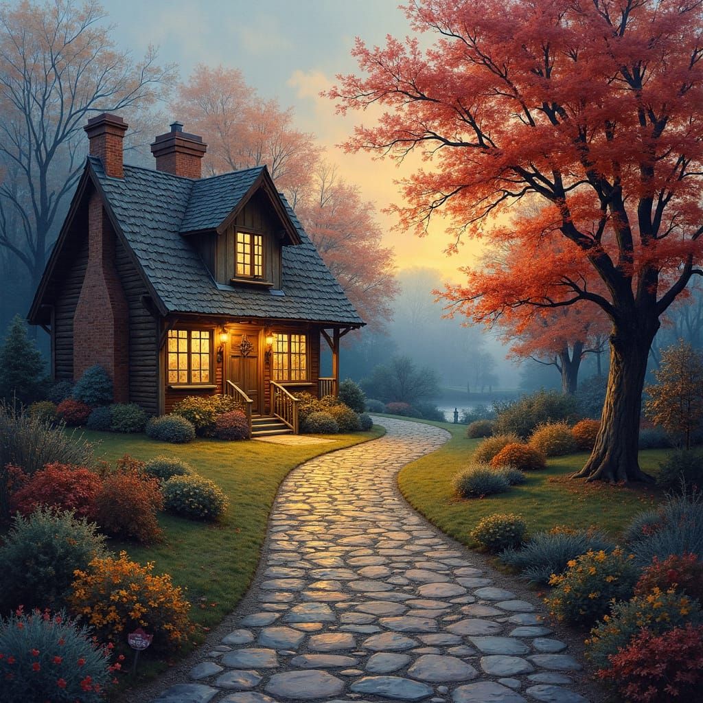 Charming Autumnal Village Scene in Impressionist Style