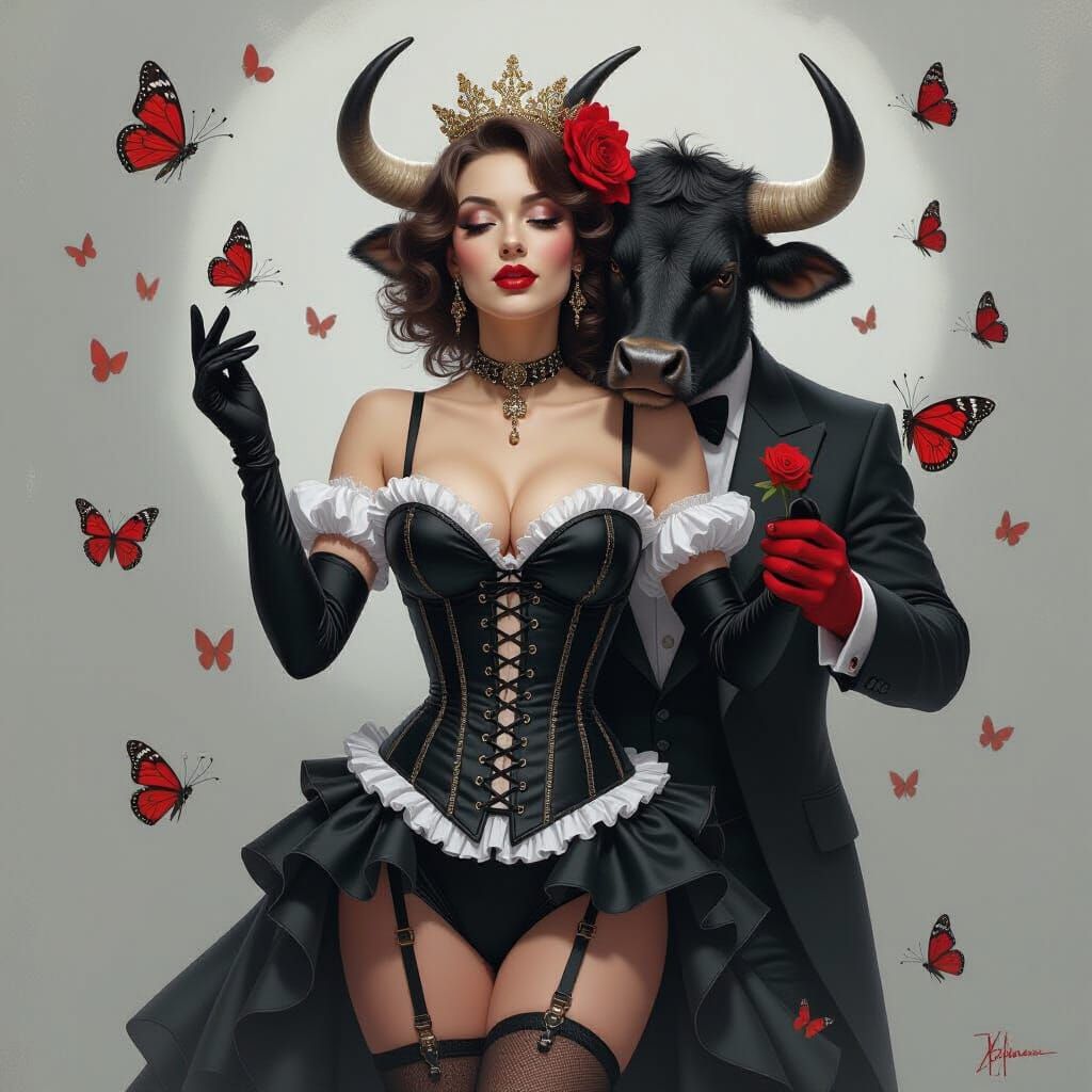 Burlesque Dancer with Bull and Butterflies in Rutkowski Styl...