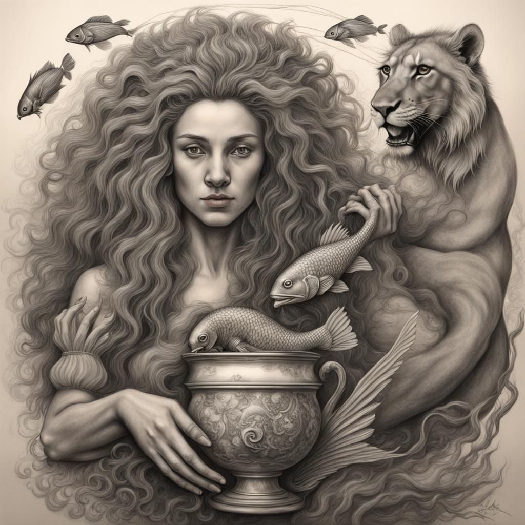 Aquatic Lion and Mermaid in Charcoal