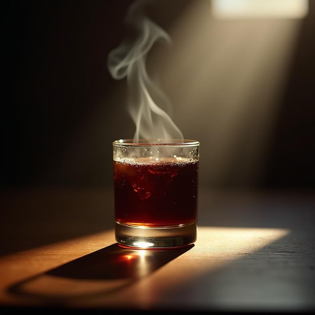 Dark brown with a few bubbles and served in a shot glass. Th...