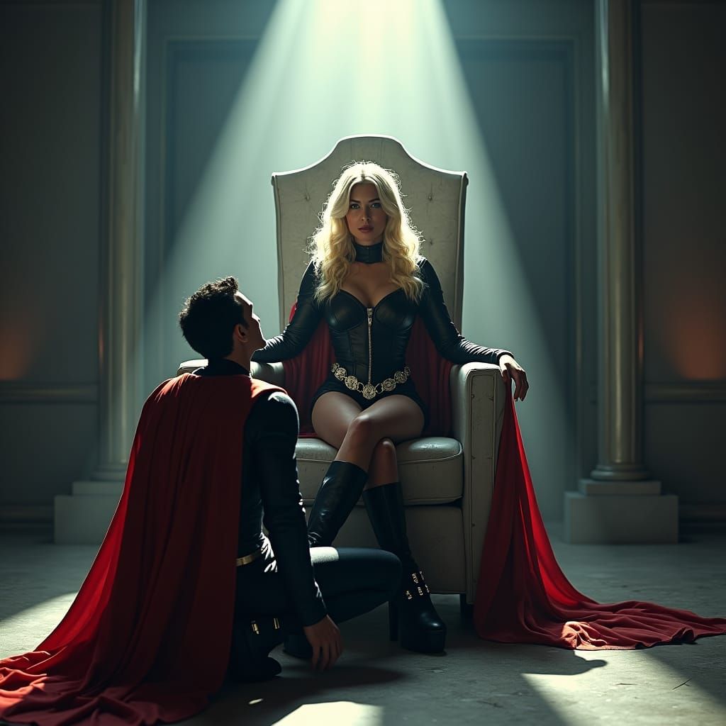 Power Girl on Zincite Throne, Superman Kneels