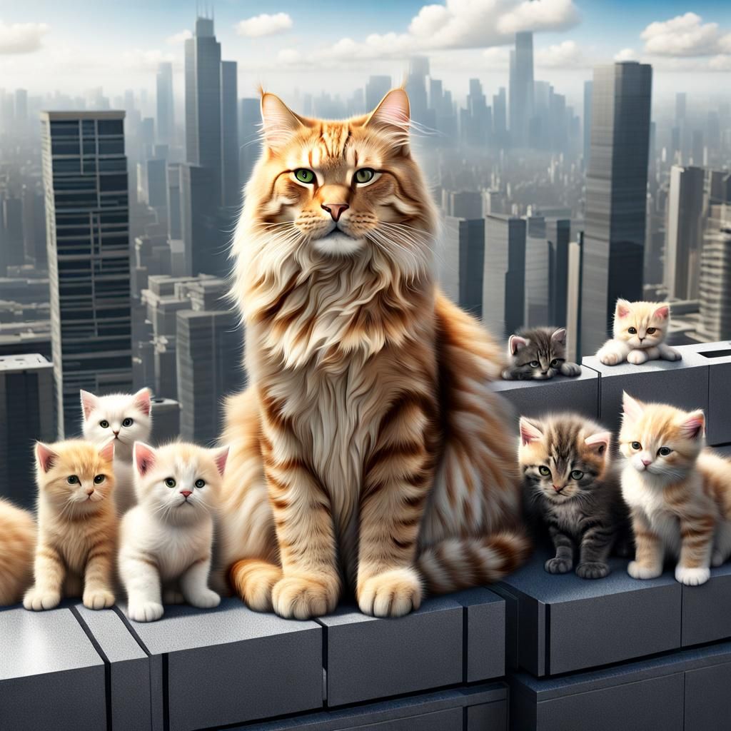 Giant Cat and Kittens on Skyscraper, Photorealistic