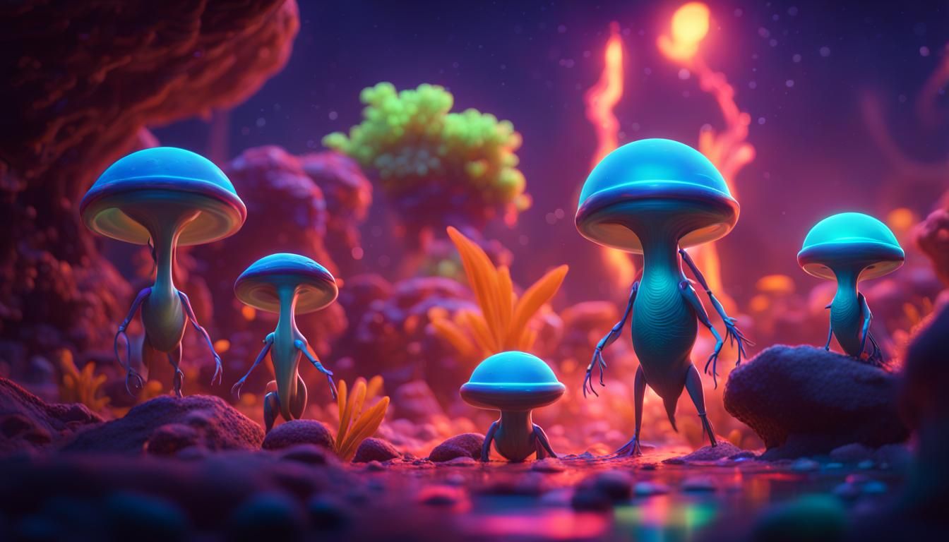 Bioluminescent Alien Life in Vibrant 3D Digital Art