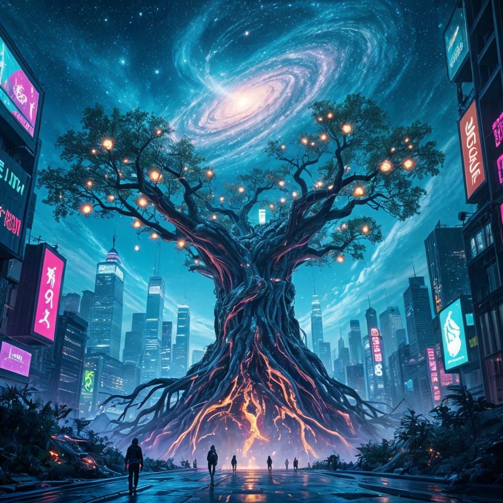 Ancient Tree Roots in Neon Cyberpunk Metropolis
