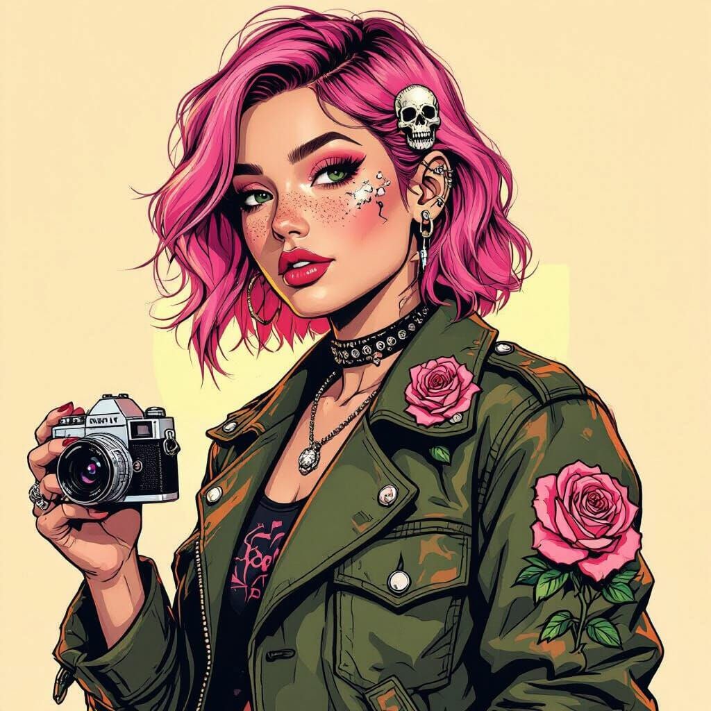 Urban Rebel with Pink Hair and Skull Pin in Comic Style