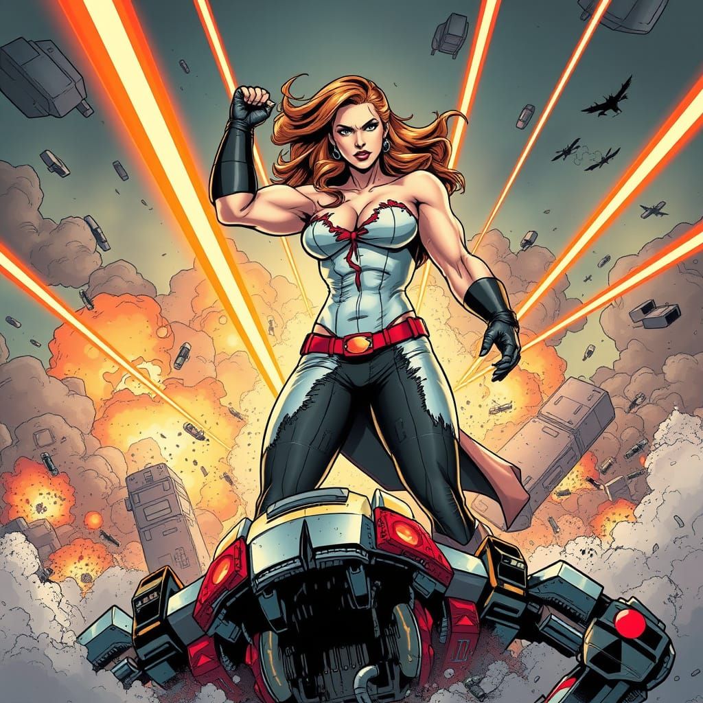 Triumphant Superheroine in Sci-Fi Battle Scene