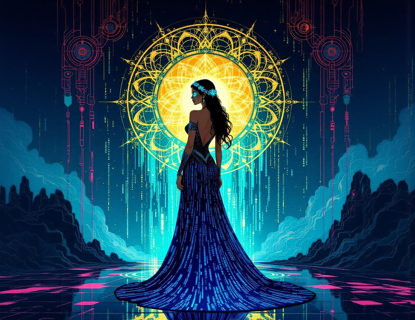 Digital Oracle Before Portal in Alphonse Mucha Style