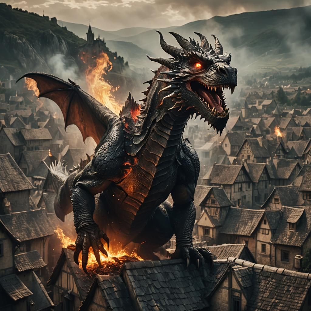 House Dragon's Fiery Breath Lights Medieval Town