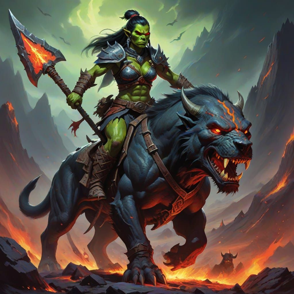Orc Warrior Rides Hellhound in Volcanic Landscape