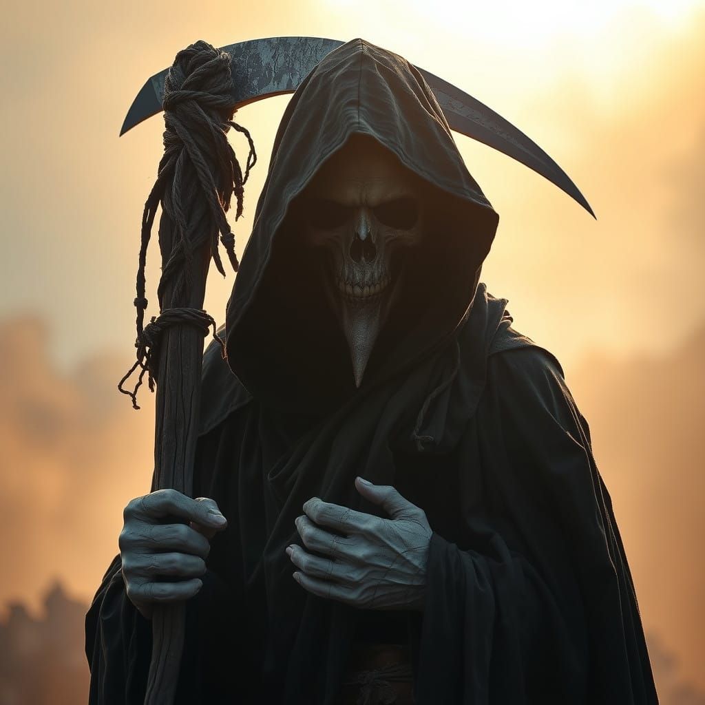 Grim Reaper Figure in Desolate Landscape