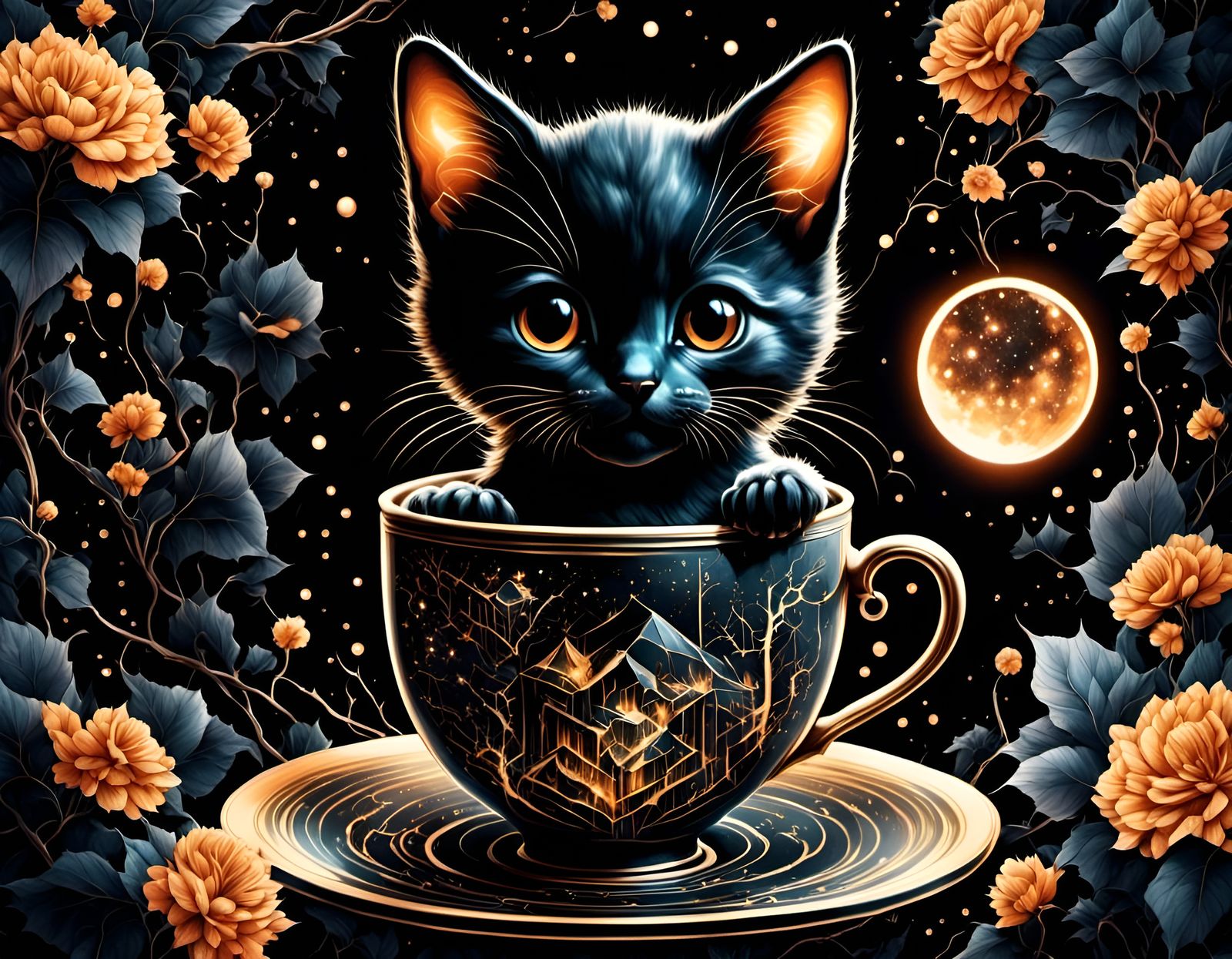 Charming Chibi Kitten in Coffee Cup with Bioluminescent Tatt...