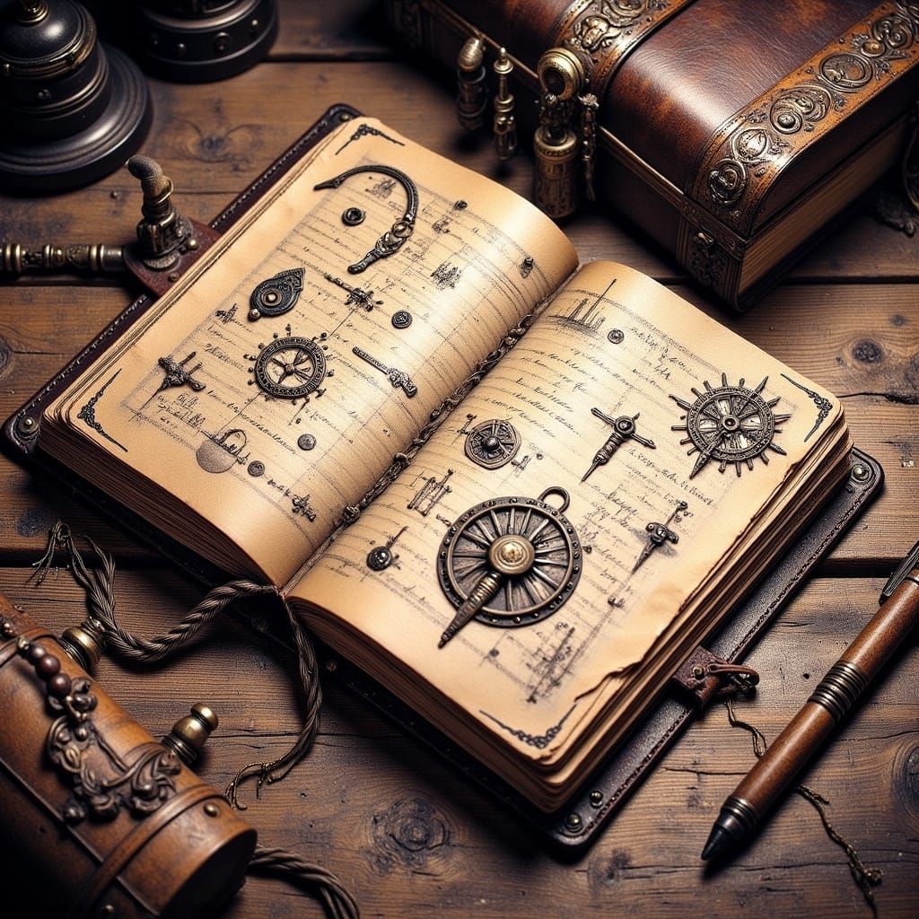 Vintage Journal with Mysterious Symbols in Biomechanical Art