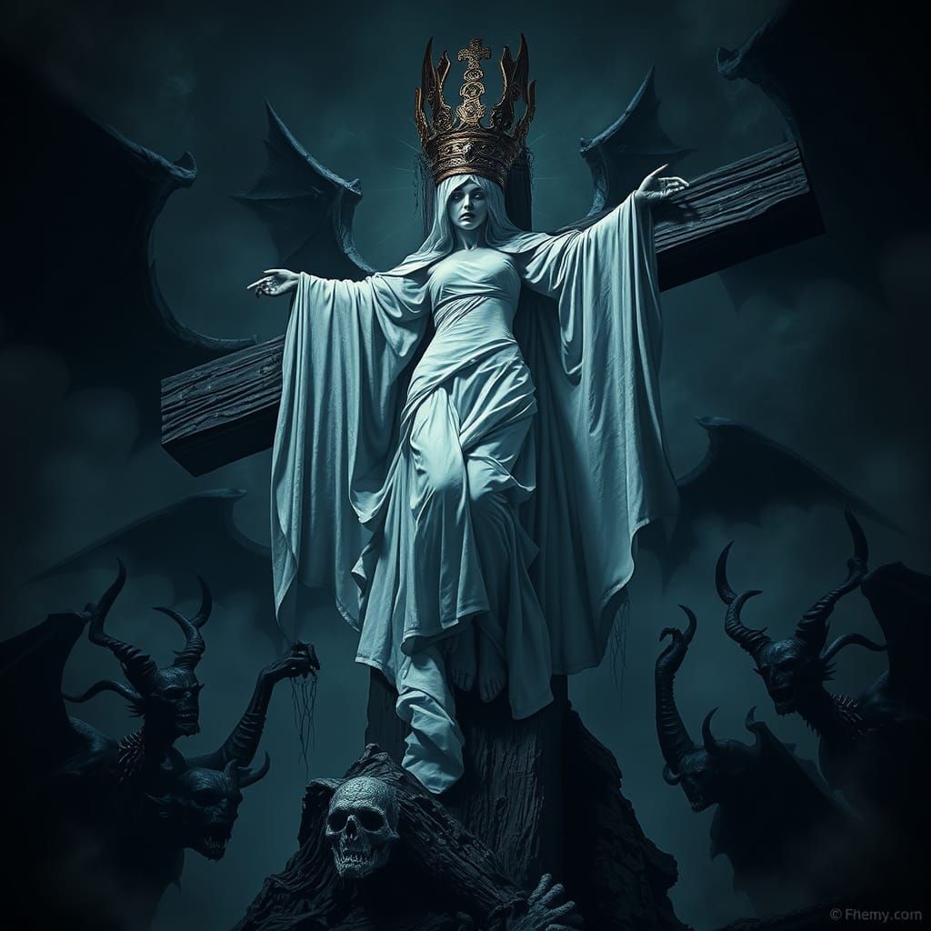 Crowned Woman Crucified Amidst Demons in Gothic Style