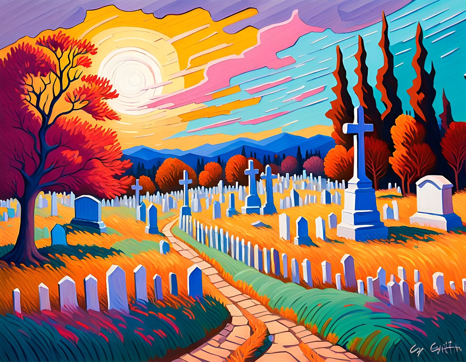 Somber Graveyard in Neo-Impressionist Expressionist Style