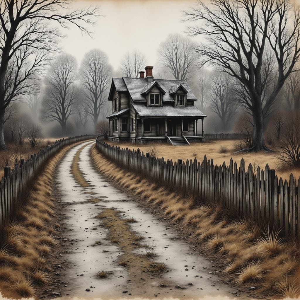 Dilapidated Homestead in Winter, Photorealistic Style