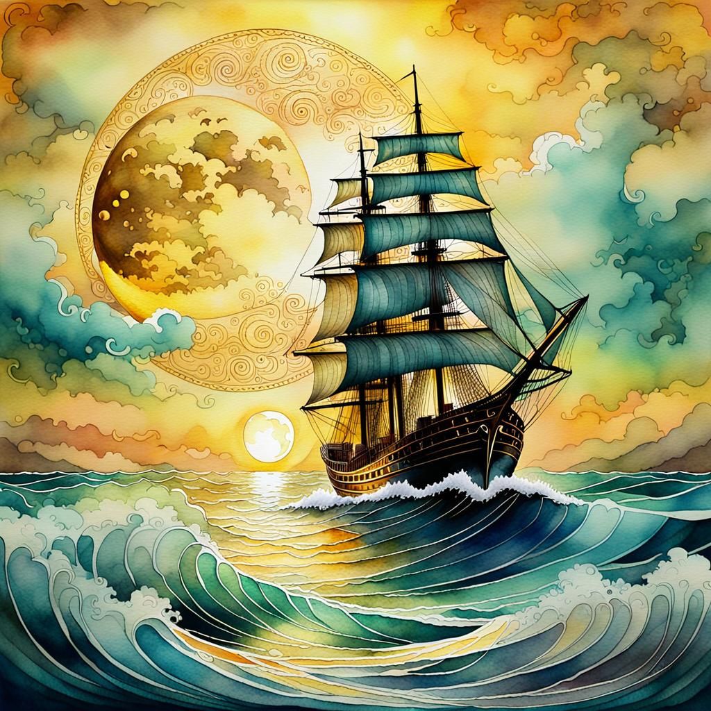 Watercolor Sailing Ship Under Moonlight