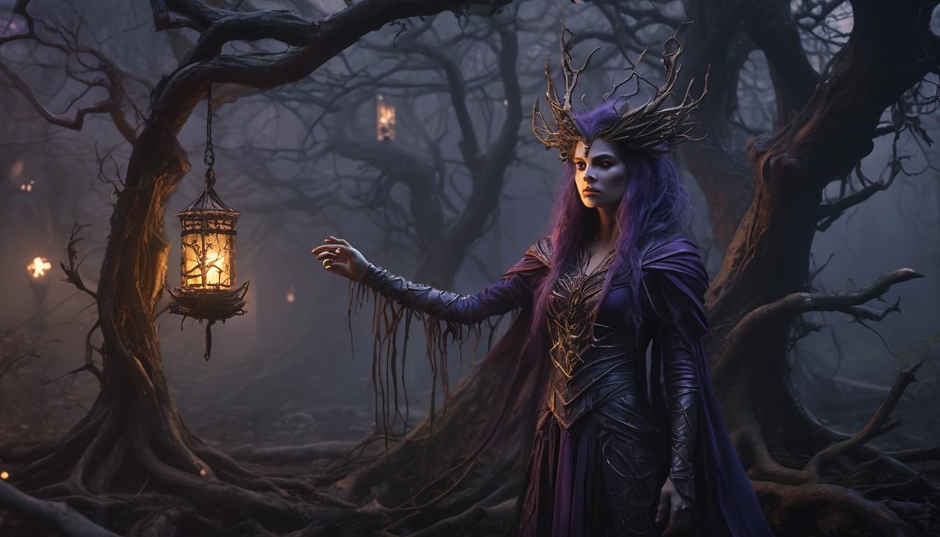 Mystical Sorceress in Dark Fantasy Forest