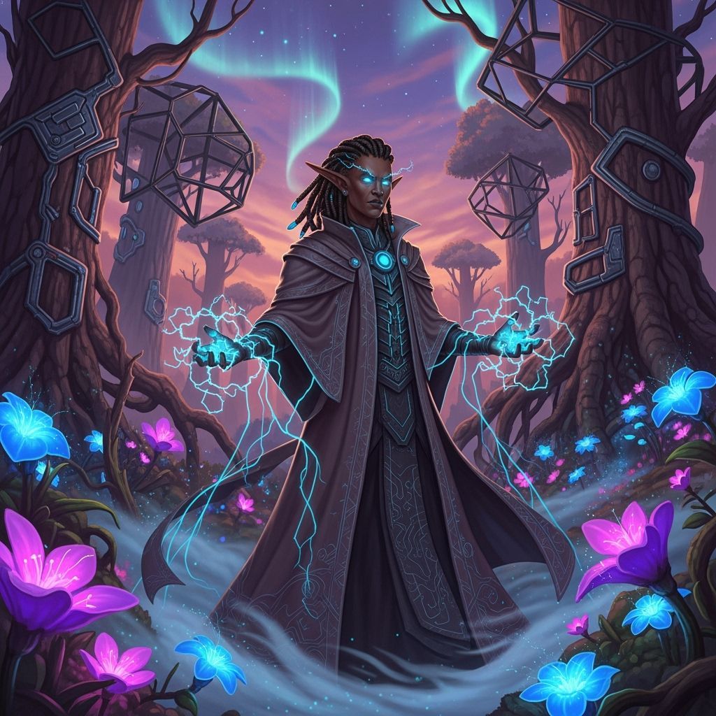 Mystical Elf Wizard in Retro-Futuristic Style