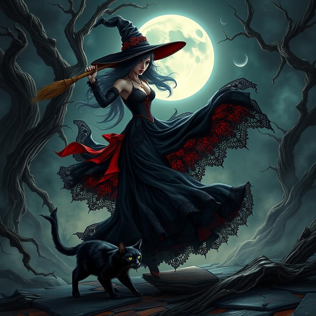 Black Cat and Witch Dance Under Eerie Moon