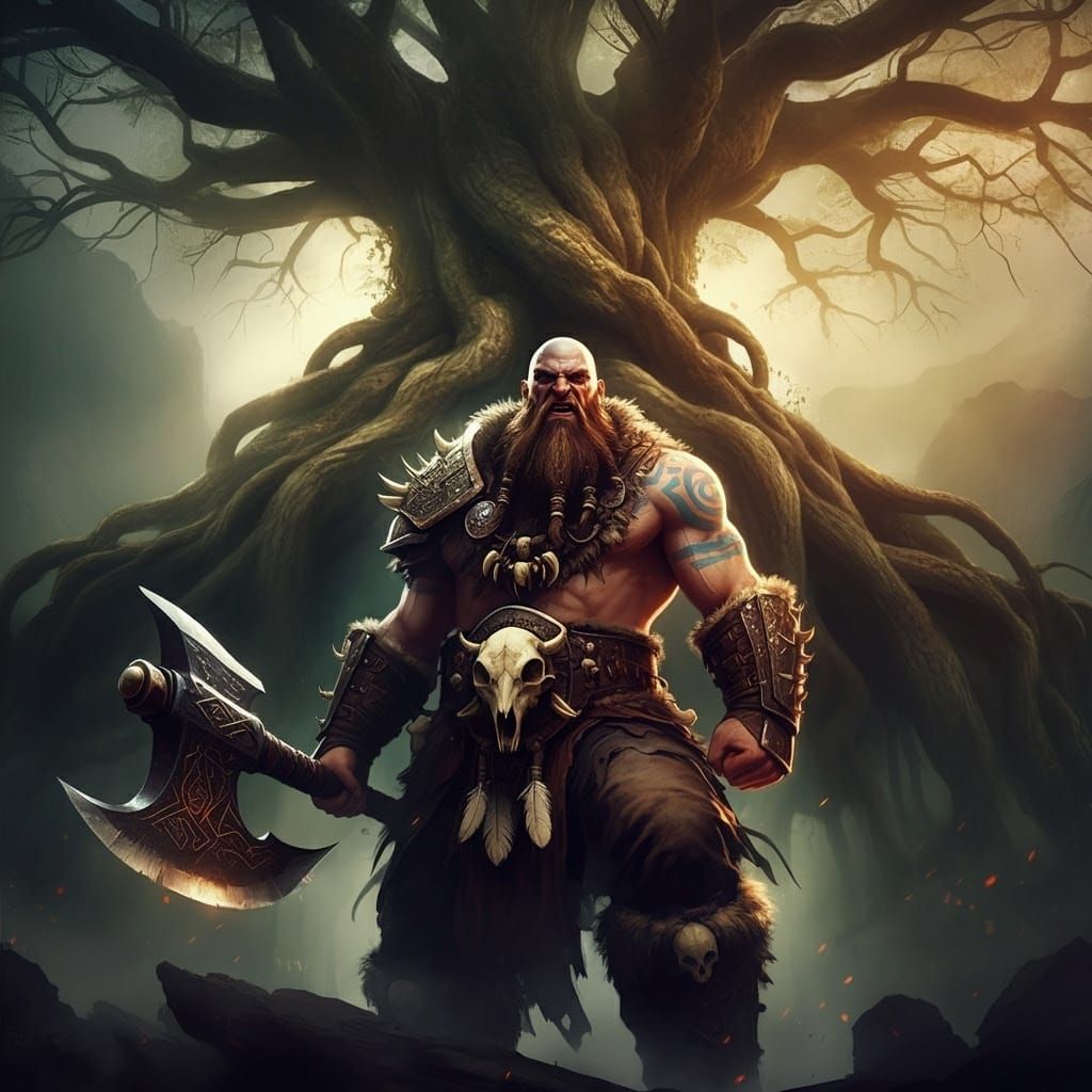 Bald Barbarian Stands Beneath World Tree